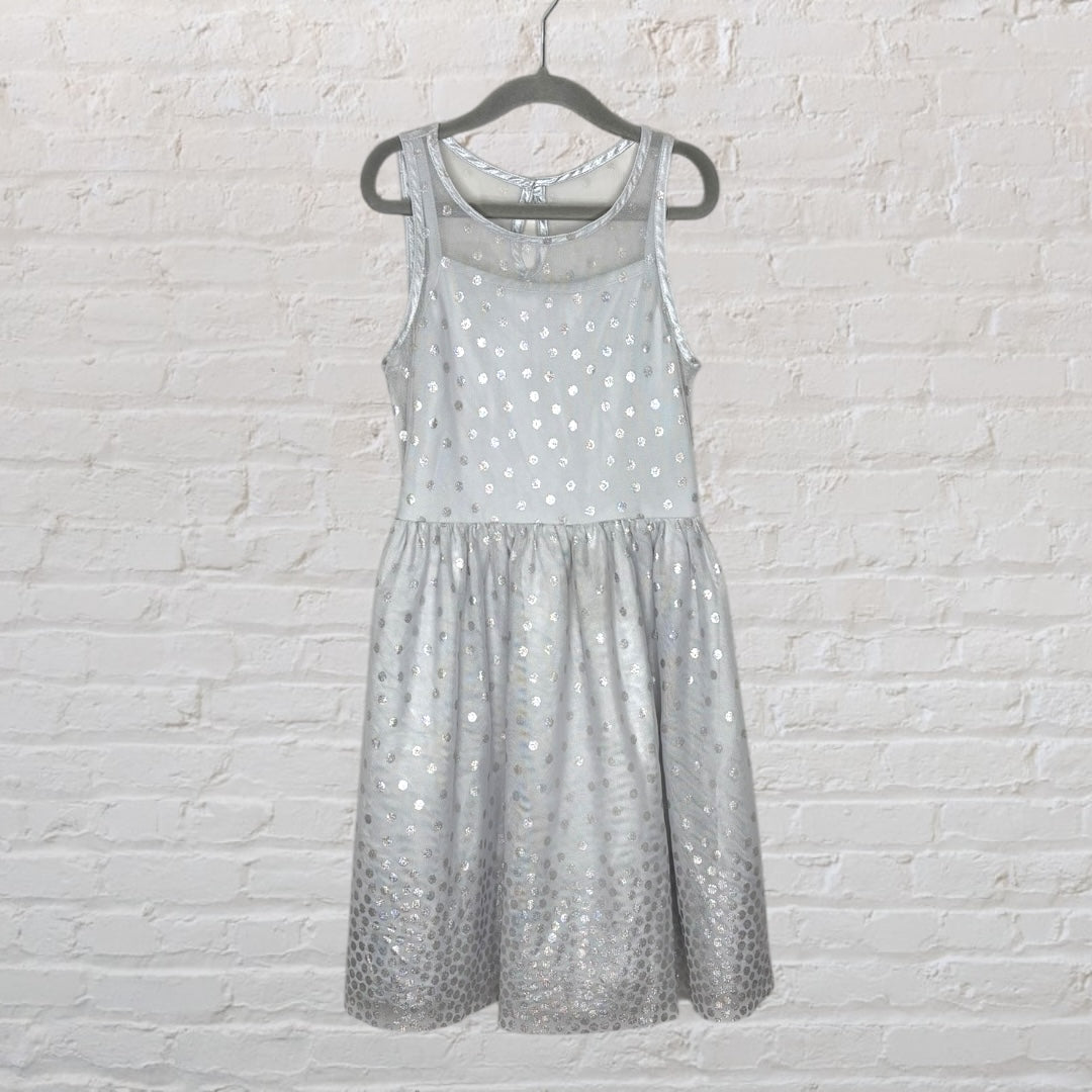 Elegant sleeveless silver dress with sequins and mesh overlay, hanging on a black hanger against a brick wall.