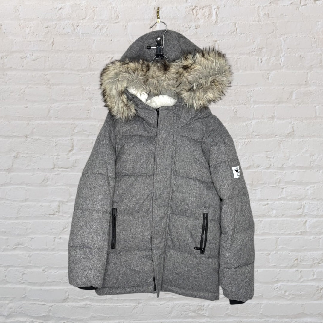 Grey padded puffer jacket with faux fur lined hood, displayed on a hanger.