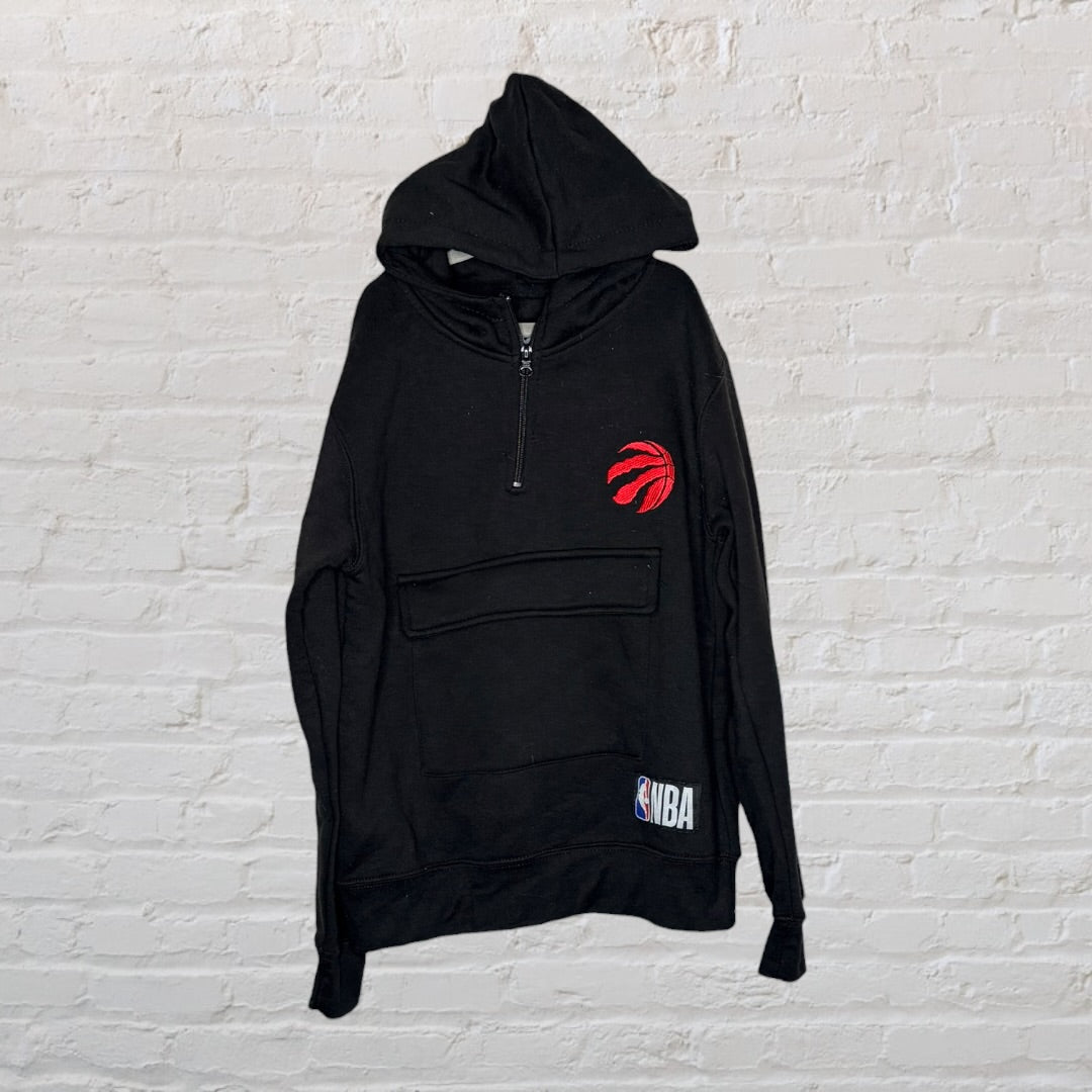 Black NBA hoodie with Toronto Raptors logo, featuring a kangaroo pocket and half-zip front.