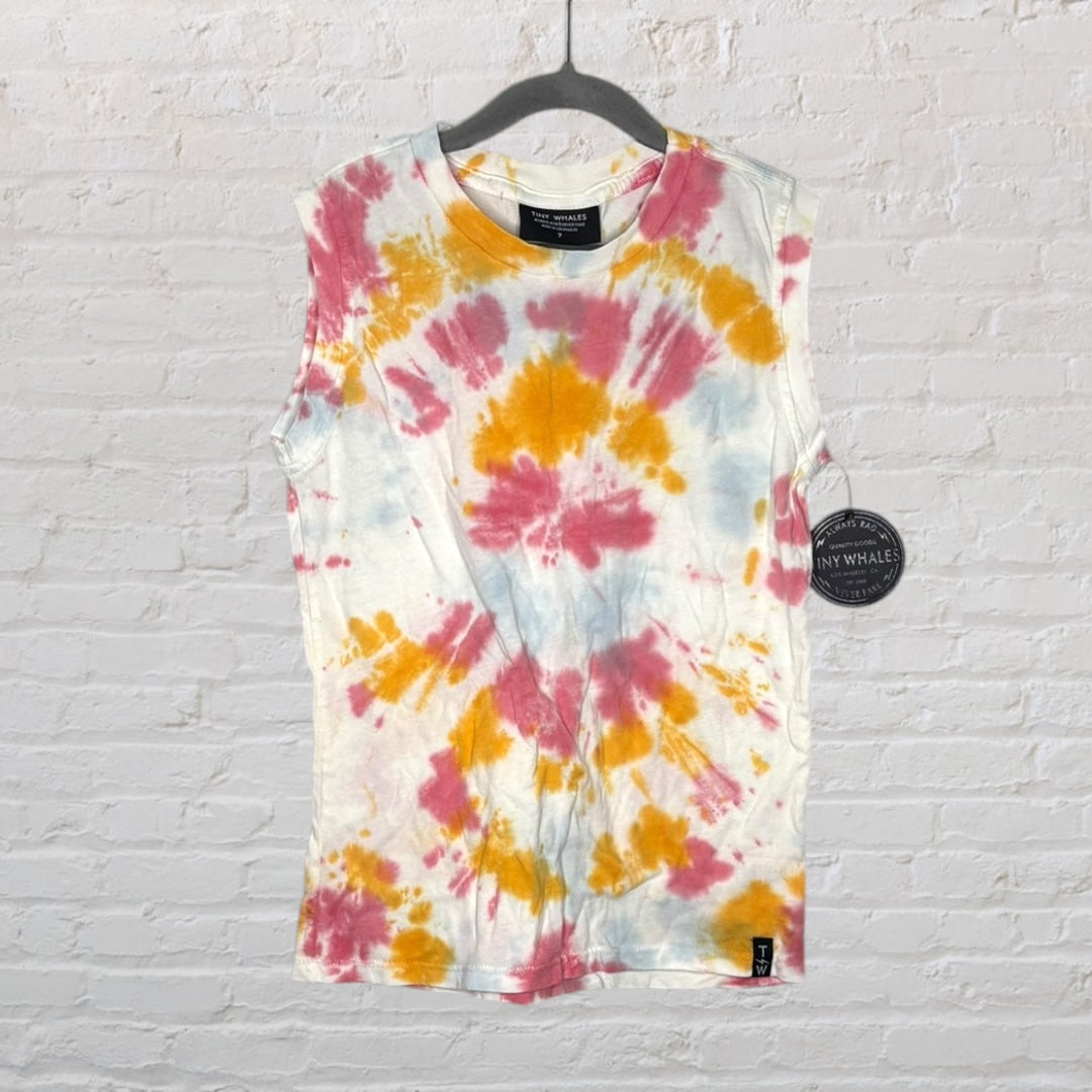 Sleeveless tie-dye T-shirt in pink, yellow, and blue hues by Tiny Whales, with tags attached.