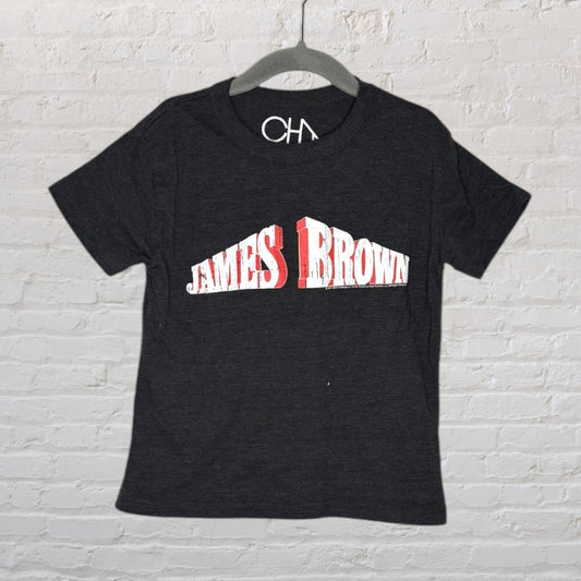 Black unisex T-shirt with 'James Brown' graphic printed in a distressed red and white font, hanging on a hanger against a white brick wall.