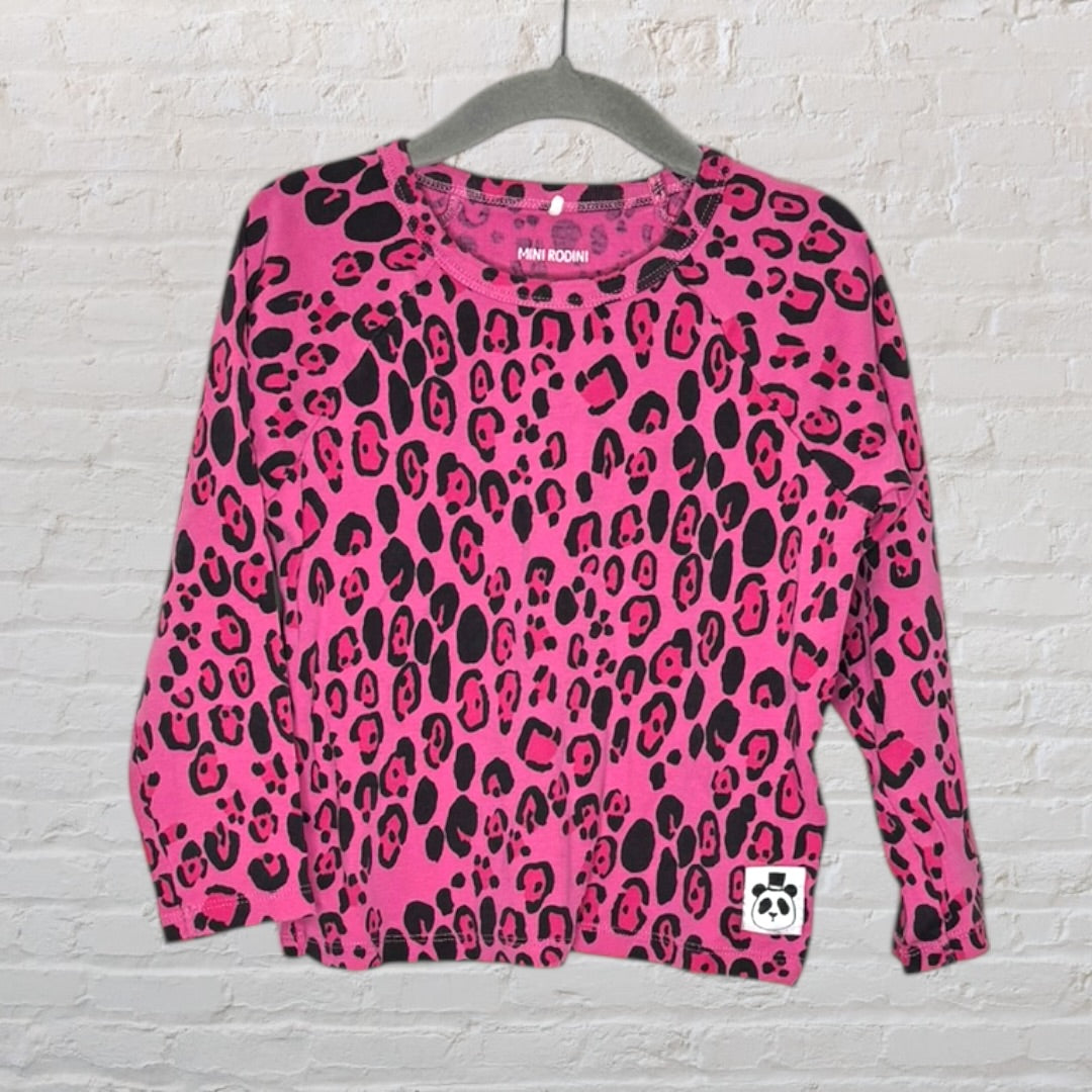 Pink and black leopard print long sleeve shirt by Mini Rodini, featuring a panda patch.