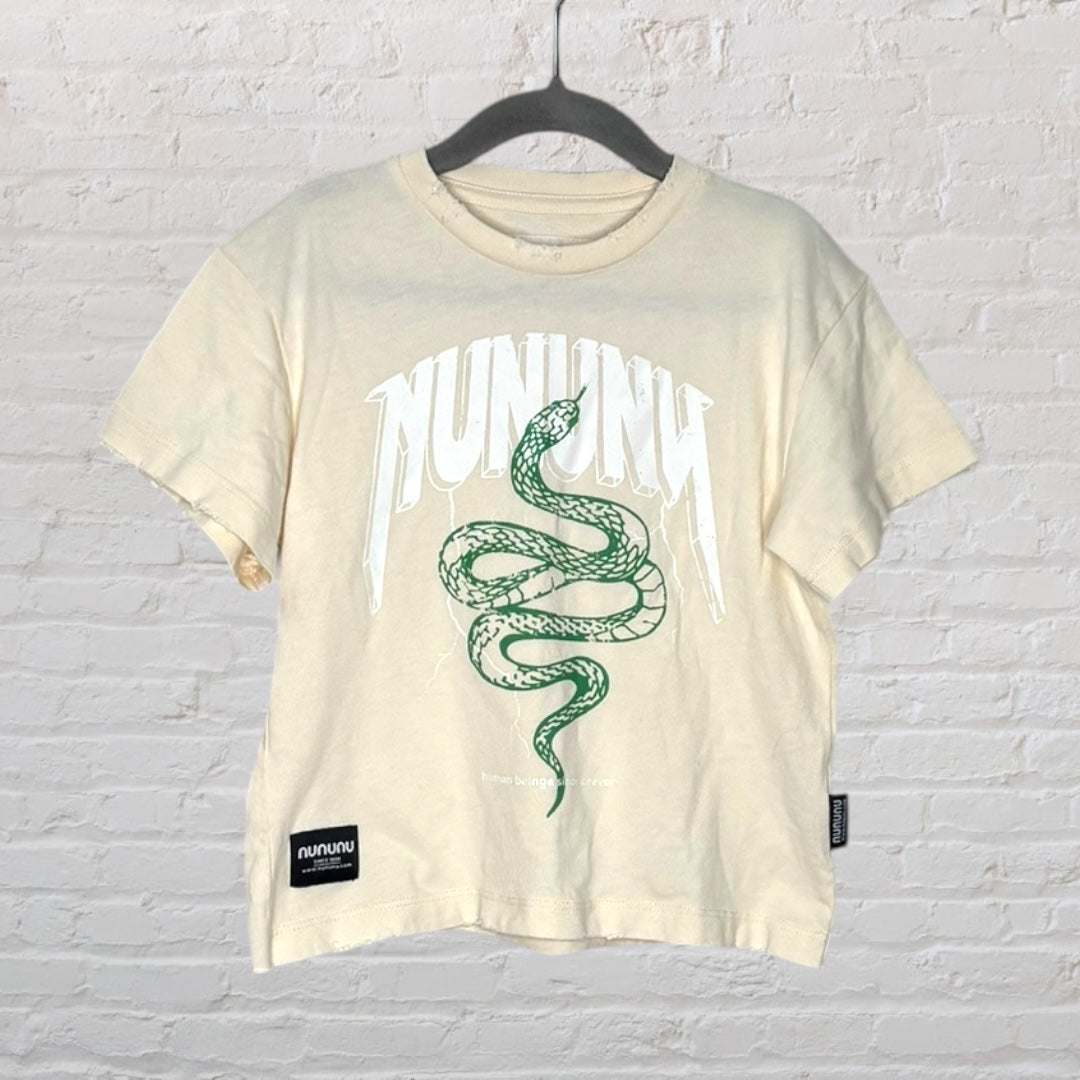 Off-white T-shirt with a green snake graphic and 'NUNUNU' text, displayed on a hanger.