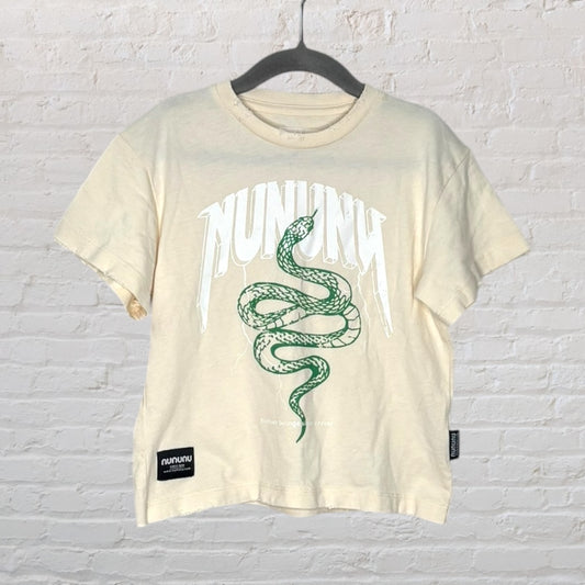 Off-white T-shirt with a green snake graphic and 'NUNUNU' text, displayed on a hanger.