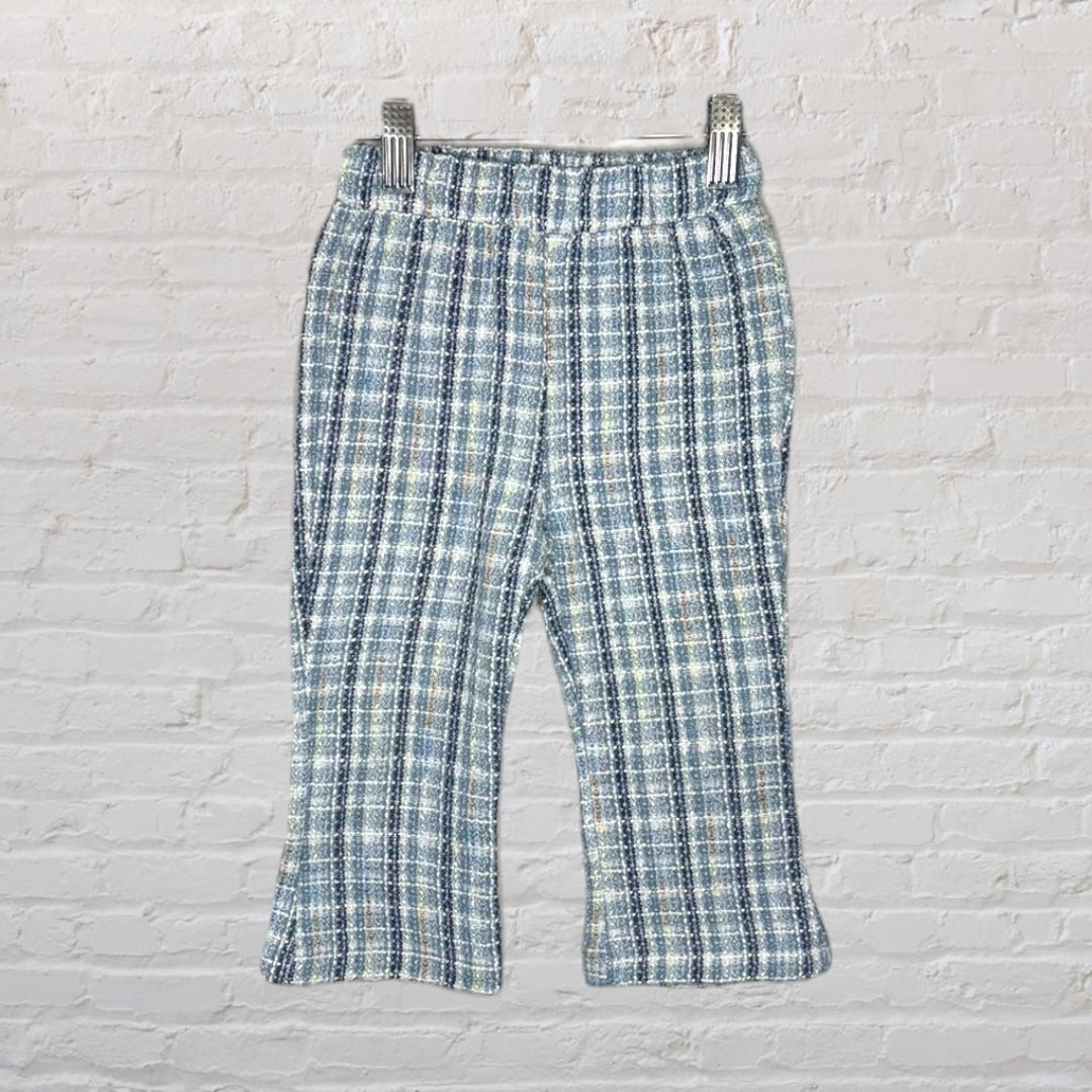 Blue and beige plaid two-piece outfit for toddlers with a sleeveless pleated top and matching pants.