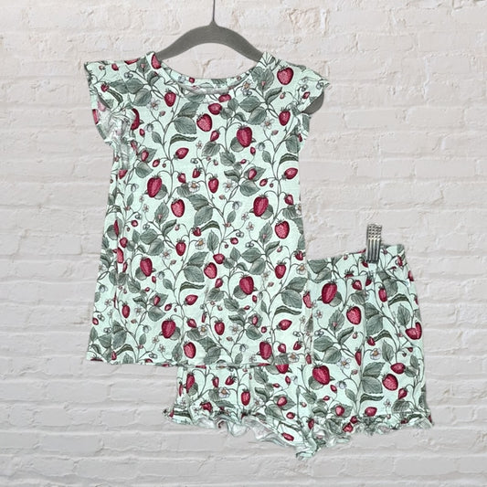 Mint green sleepwear set with red strawberry print, featuring a short-sleeve top and shorts, displayed on a hanger.