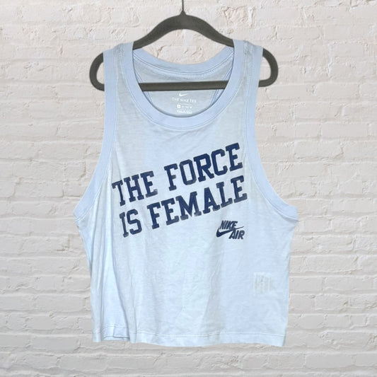 Light blue Nike tank top with 'The Force is Female' and Nike Air logo printed in navy.