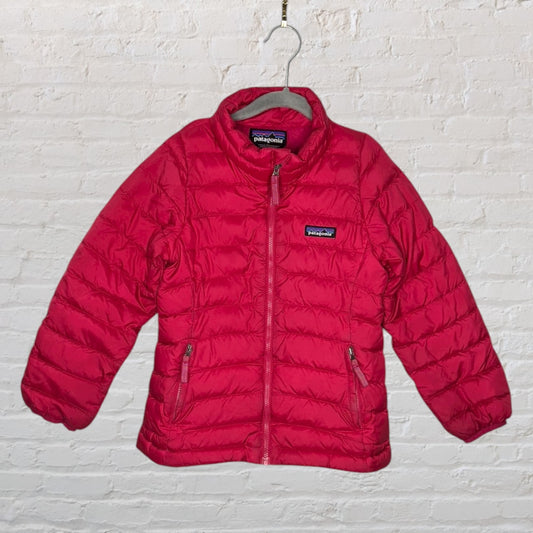 Red Patagonia puffer jacket with a front zipper and zippered pockets, displayed on a hanger.