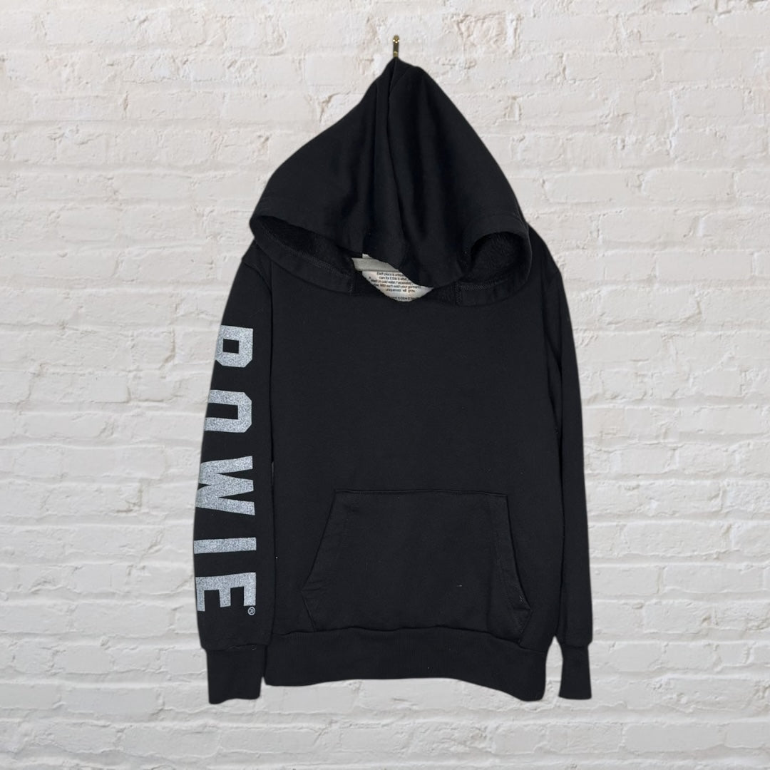 Black hoodie featuring a red and blue lightning bolt graphic on the back and 'Bowie' text on the sleeve.