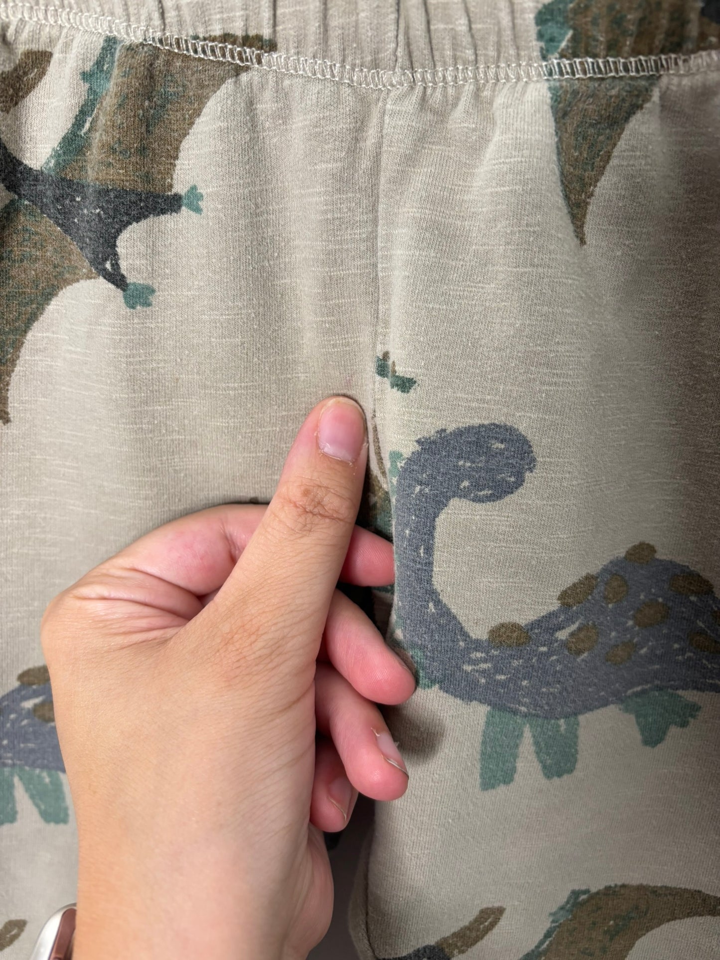 Beige leggings with dinosaur print pattern, hanging against a brick wall.