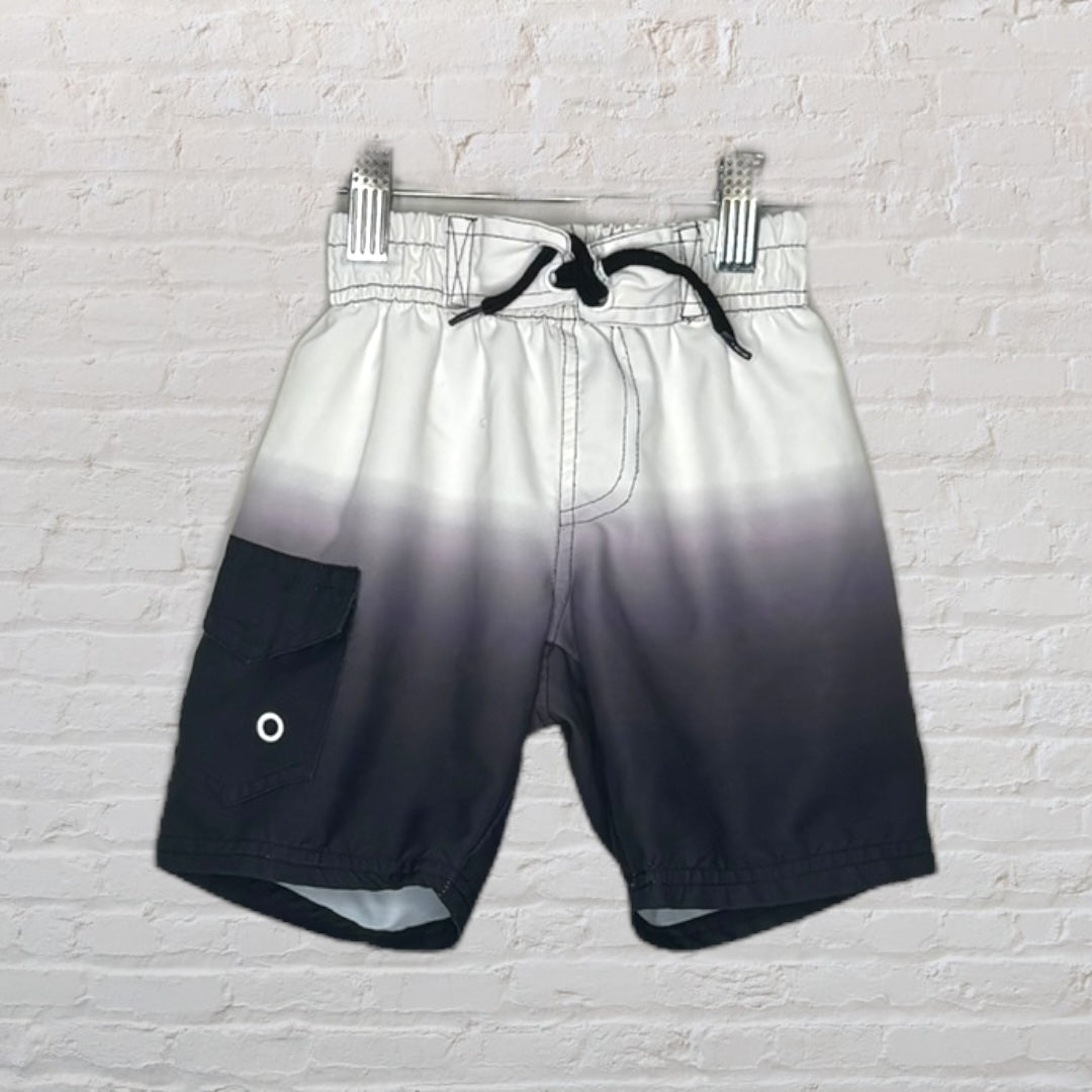 Men's swim trunks with a white to black gradient, featuring a pocket, drawstring closure, and elastic waistband.