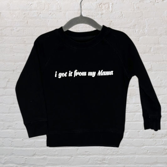 Black sweatshirt with 'i got it from my Mama' text printed in white on the front, hanging on a hanger.