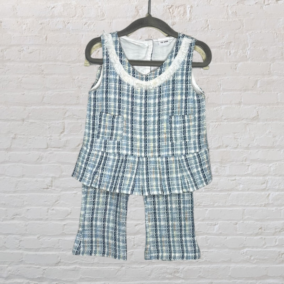 Blue and beige plaid two-piece outfit for toddlers with a sleeveless pleated top and matching pants.
