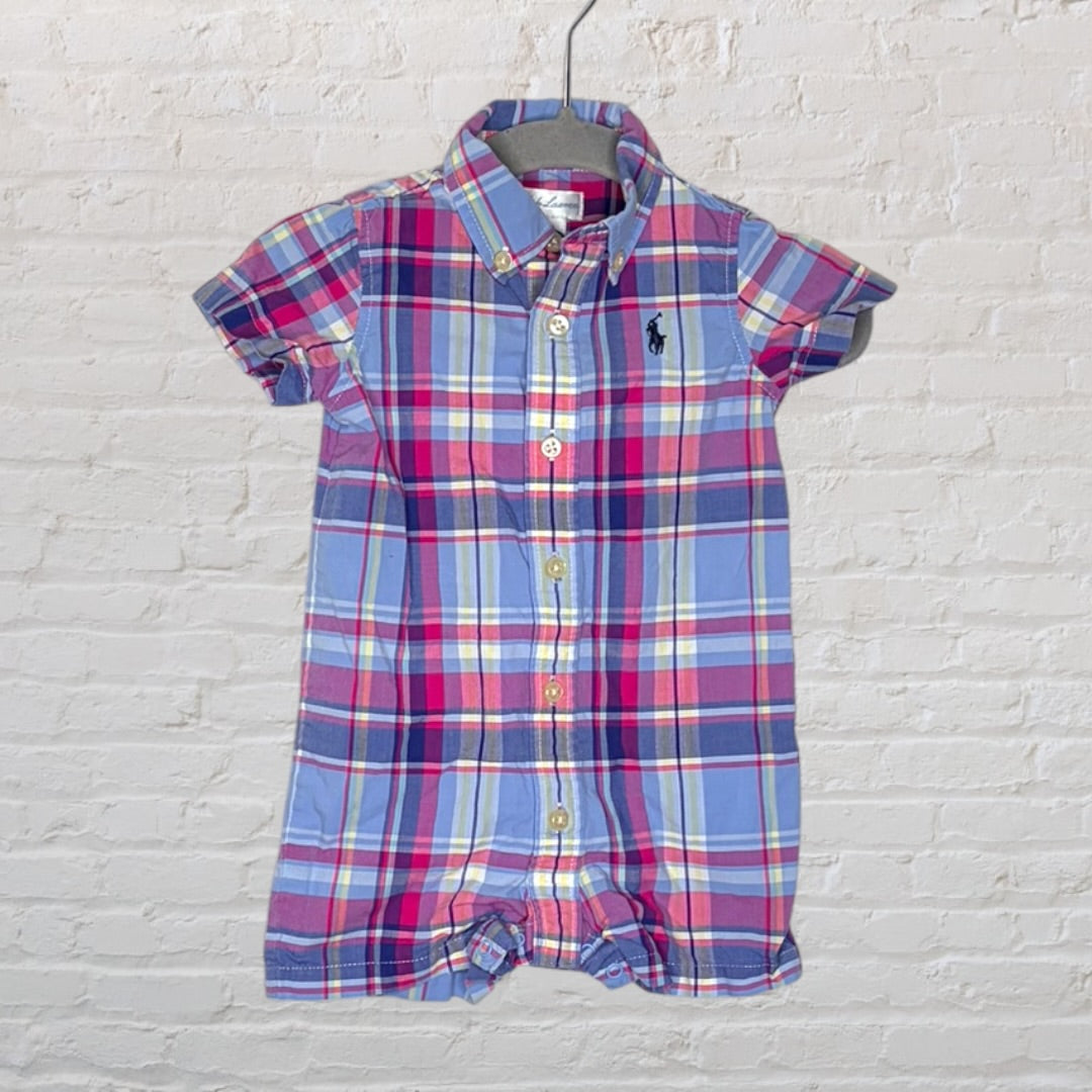 Ralph Lauren plaid button-up baby romper with blue, pink, and yellow pattern on a hanger.