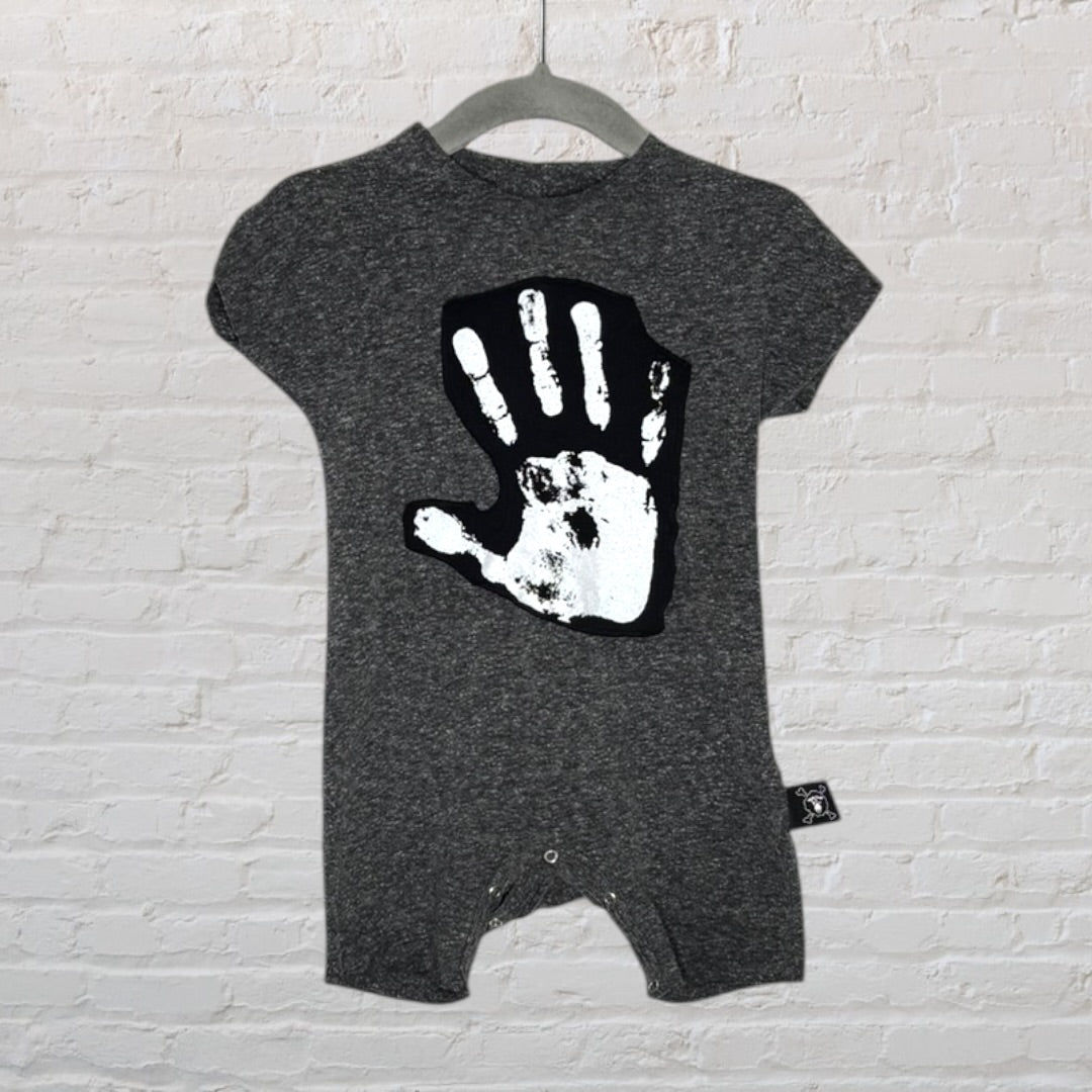 Gray baby romper with a large white handprint graphic on the front, displayed on a hanger.