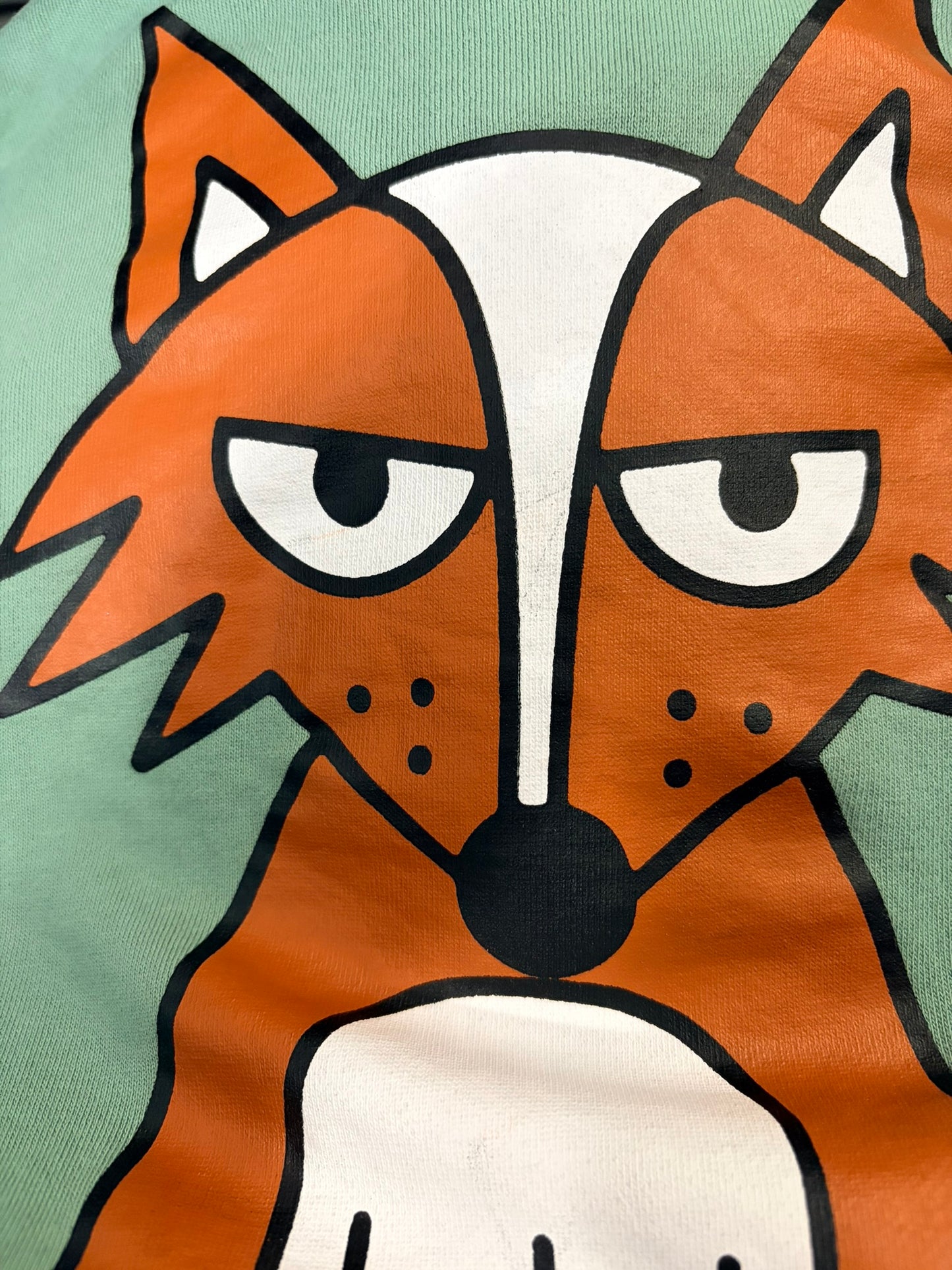 Green sweatshirt with a large fox graphic on the front, displayed on a hanger.