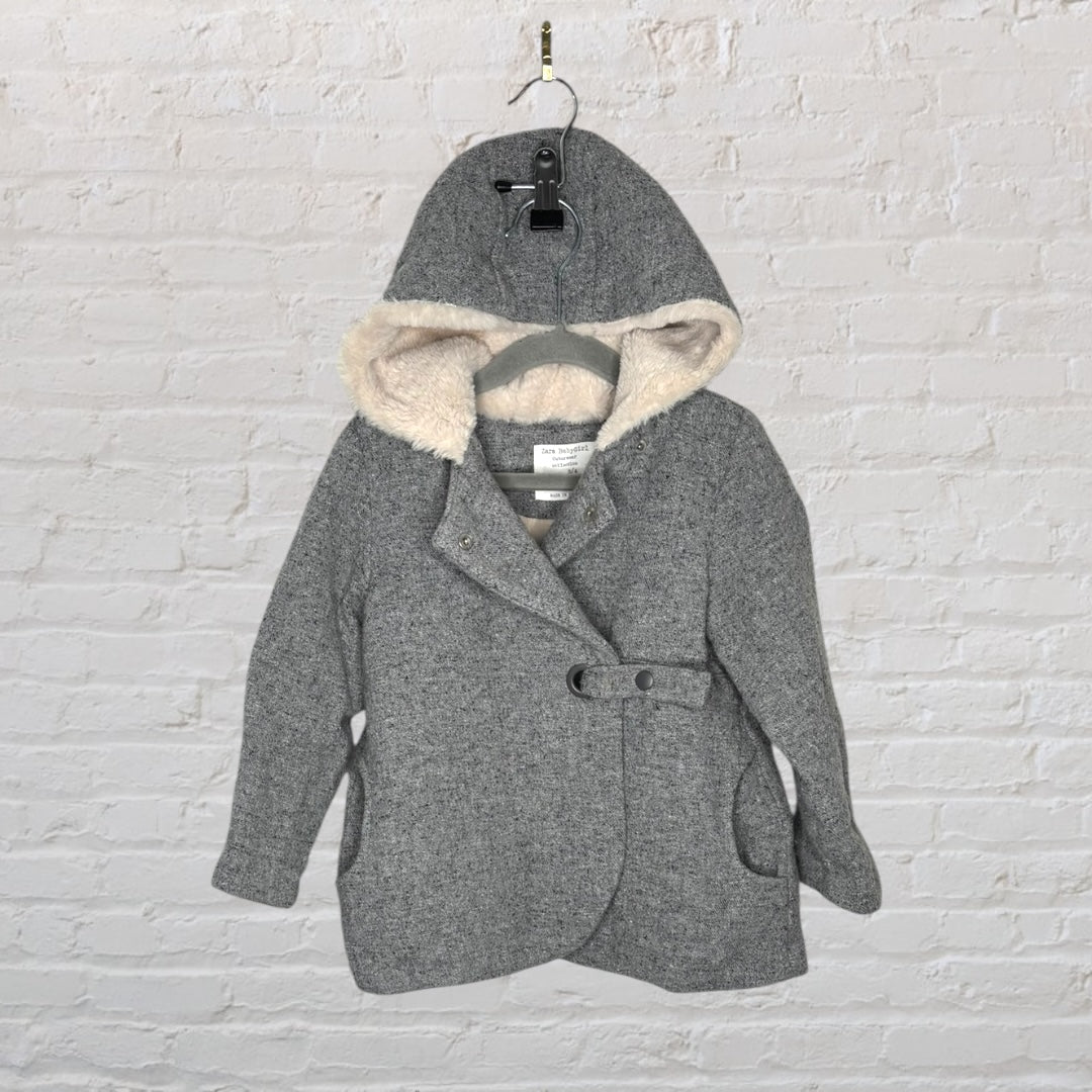 Grey wool blend coat with hood and faux fur lining from Zara Kids, displayed on a hanger.