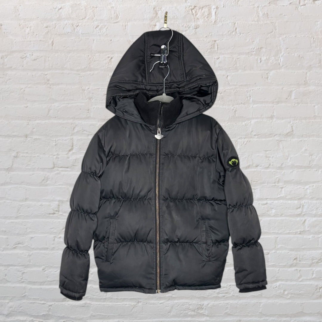 Black puffer jacket with a hood and a zip closure, featuring a small logo on the sleeve.