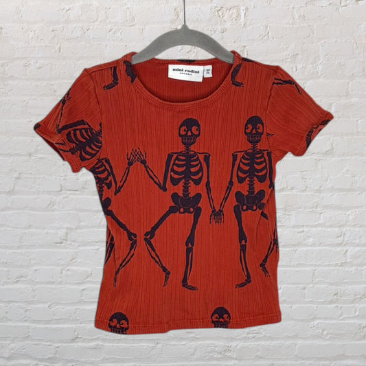 Red ribbed T-shirt with black skeleton print, by Mini Rodini, size 116/122.