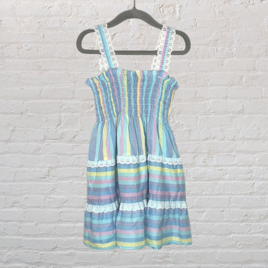 A pastel striped sundress with lace straps and trim, hanging on a black hanger against a brick wall.