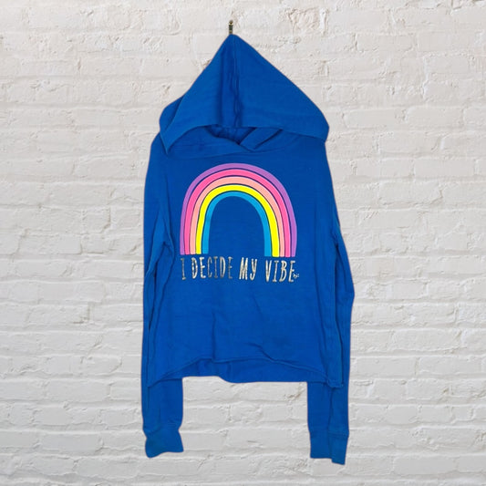 Blue hoodie with a colorful rainbow graphic and 'I Decide My Vibe' slogan on the front.