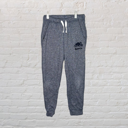Heather gray sweatpants from Roots with a drawstring waist and logo on the leg.
