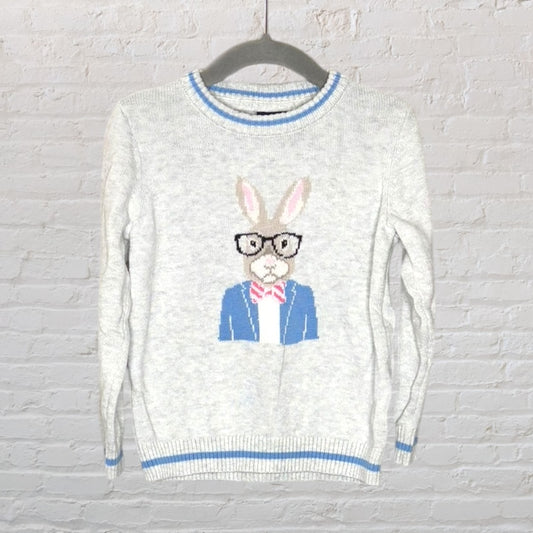 Light grey sweater with a rabbit graphic wearing glasses and a suit, accented with blue edges.