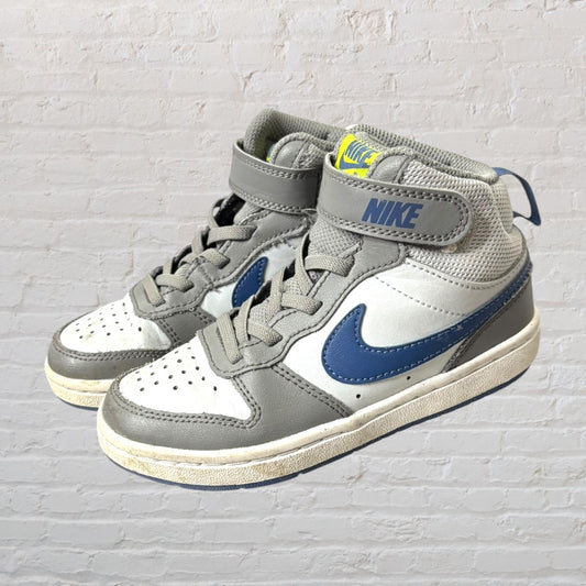 Kids' high-top Nike sneakers in gray, blue, and white with Velcro strap and lace-up design.
