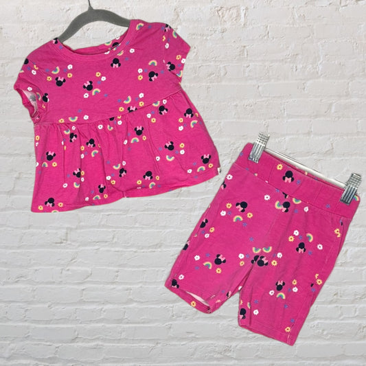 Pink short-sleeve top and shorts set with Minnie Mouse, rainbows, and flower prints.