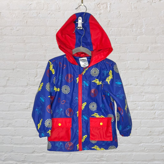 Children's blue raincoat with a red hood and Spider-Man theme, featuring comic designs and 'Thwip' text.