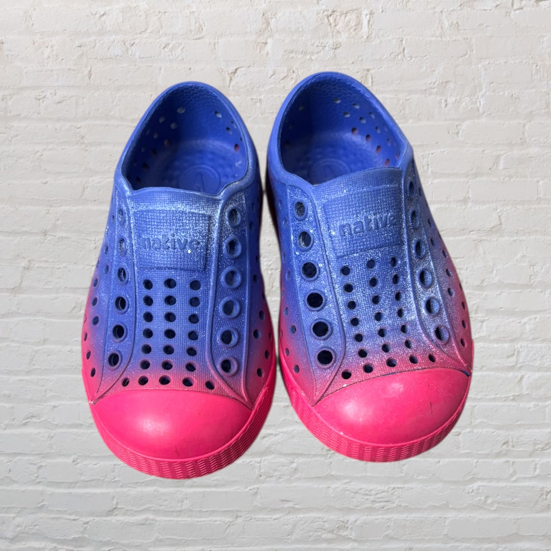 Blue and pink gradient slip-on perforated shoes by Native with a rubber sole.