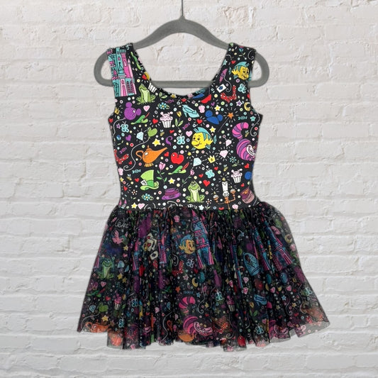 Fit and flare dress with colorful graphic print on black fabric, featuring a sleeveless design and full skirt.