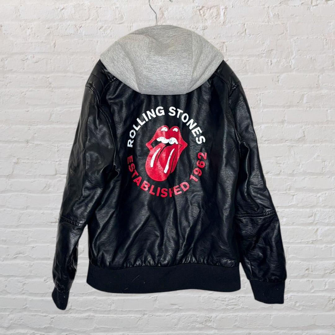 Black leather jacket with a grey hood featuring a Rolling Stones logo and 'Established 1962' text on the back.