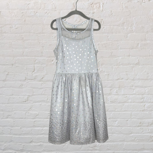 Elegant sleeveless silver dress with sequins and mesh overlay, hanging on a black hanger against a brick wall.