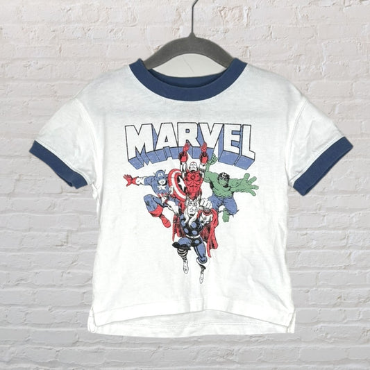 White T-shirt with blue trim featuring Marvel superheroes graphic including Captain America, Iron Man, and Hulk.