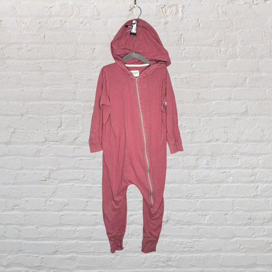Dusty pink hooded baby romper with a front zip, displayed on a hanger.
