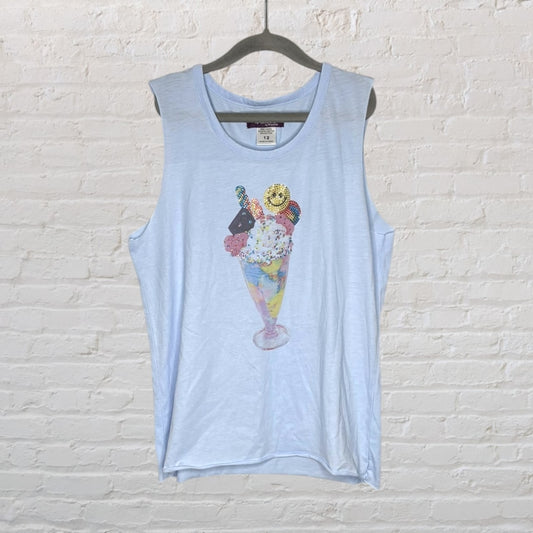 Light blue sleeveless top with a colorful ice cream graphic print on the front, displayed on a hanger.