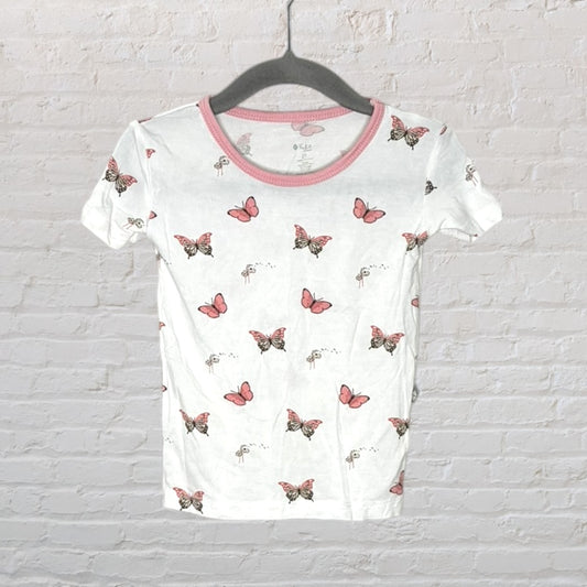 White ringer T-shirt with pink butterflies and accent trim on a hanger.