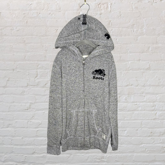 Grey full-zip hoodie with Roots branding, featuring a beaver logo and kangaroo pockets.