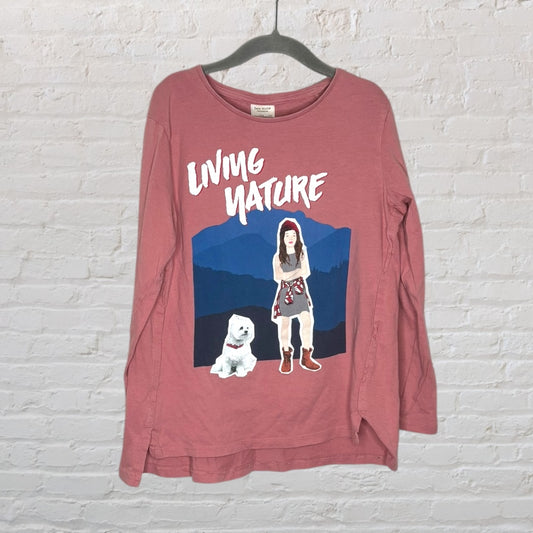 Dusty rose long sleeve tee featuring 'Living Nature' text with a graphic of a girl and a dog in front of a mountain scene.