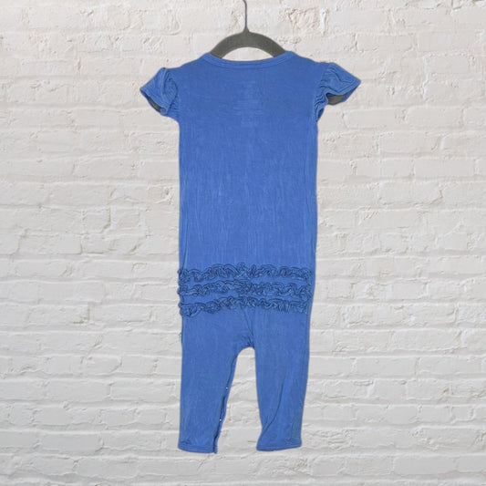 Blue romper with ruffle details on the back, short sleeves, and snap closures.
