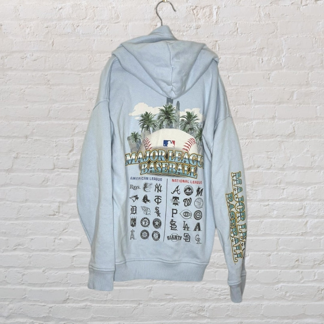Light blue Major League Baseball hoodie with logos of American and National League teams and baseball graphic.
