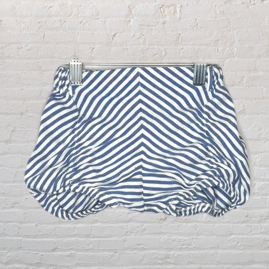 Blue and white striped baby bloomers with elastic waist and leg openings, displayed on a hanger.