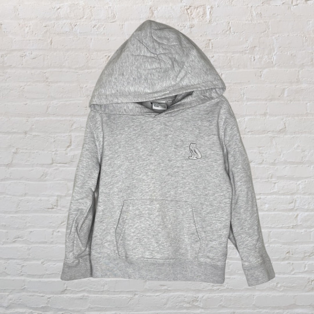 Grey hoodie featuring a small embroidered owl logo on the chest, displayed against a white brick wall.