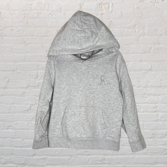 Grey hoodie featuring a small embroidered owl logo on the chest, displayed against a white brick wall.