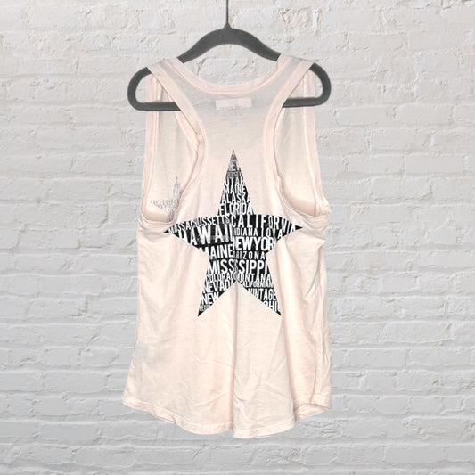 White tank top with a large black star graphic featuring state names, hanging on a black hanger.