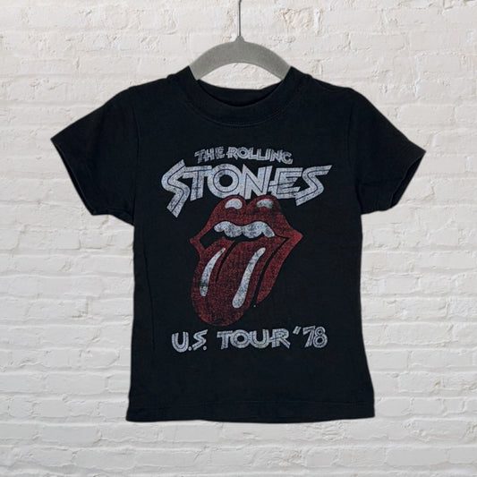 Black Rolling Stones T-shirt with iconic tongue logo and 'U.S. Tour '78' text, hung on a hanger.