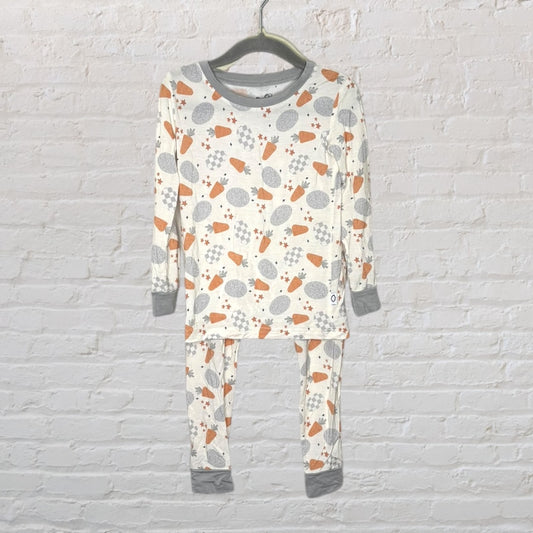 Children's pajama set with carrot and bunny prints in orange and grey on a white background, displayed on a hanger.