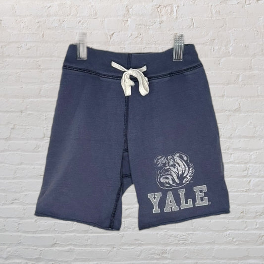 Navy blue shorts featuring Yale Bulldog graphic and white drawstring, hung against a textured background.