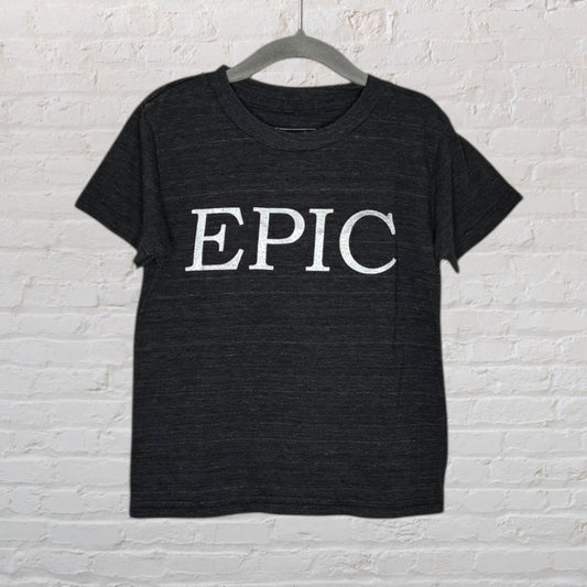 Dark gray t-shirt with the word 'EPIC' printed in white across the front, hanging on a hanger.
